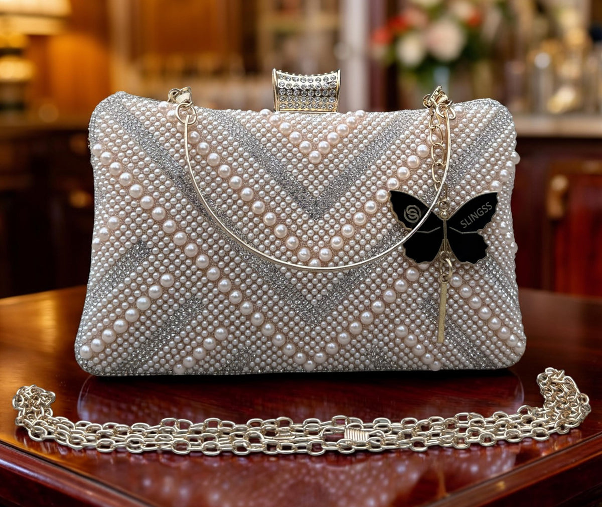 Slingss Exclusive Premium Partywear Pearl Embroidered Clutch For Ladies With Handle & Long Chain