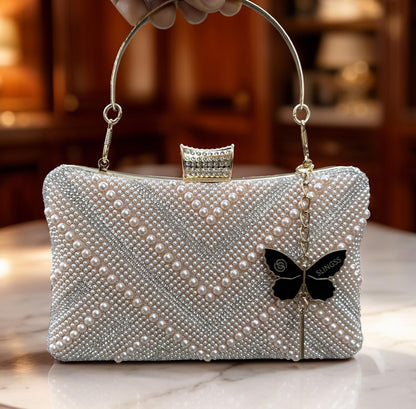 Slingss Exclusive Premium Partywear Pearl Embroidered Clutch For Ladies With Handle & Long Chain