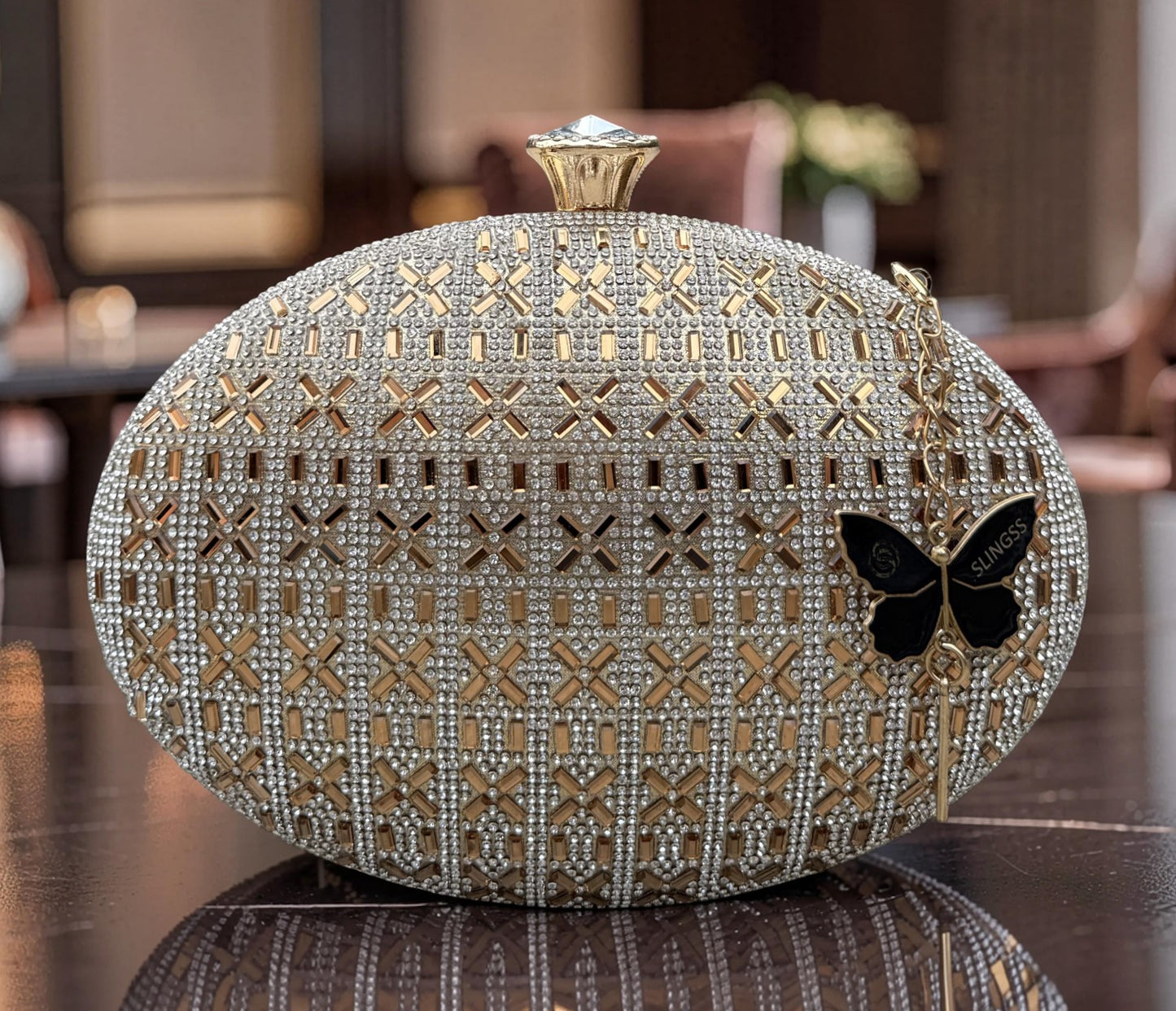 Slingss Exclusive Premium Oval Shape Partywear Embroidered Clutch For Ladies With Golden Handle & Chain