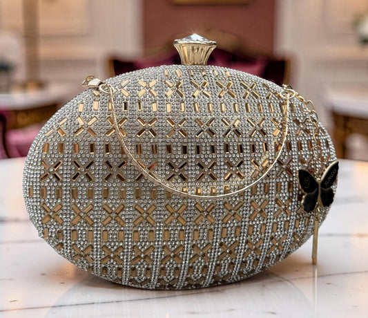 Slingss Exclusive Premium Oval Shape Partywear Embroidered Clutch For Ladies With Golden Handle & Chain