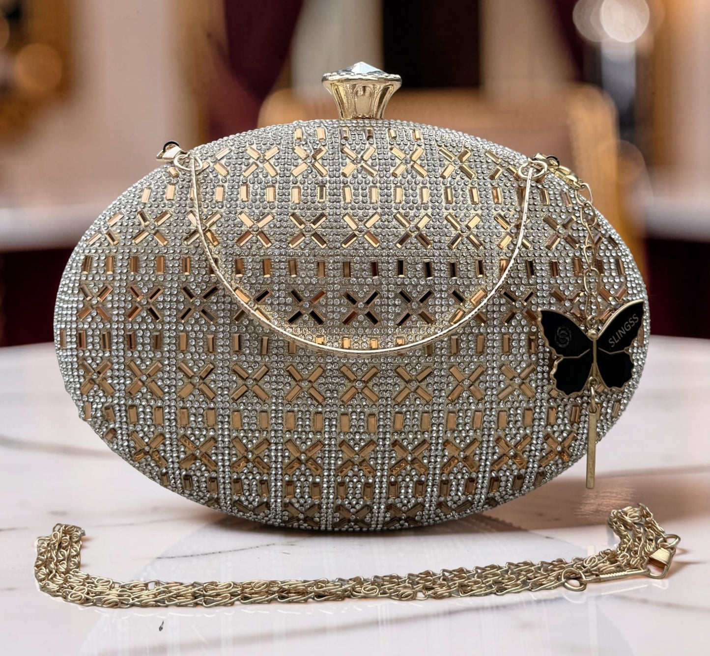 Slingss Exclusive Premium Oval Shape Partywear Embroidered Clutch For Ladies With Golden Handle & Chain