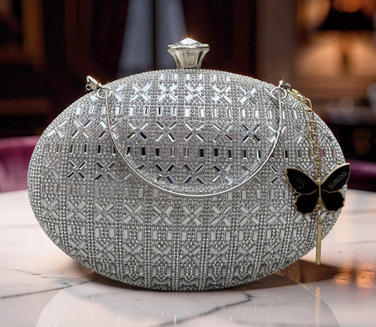 Slingss Exclusive Premium Oval Shape Partywear Embroidered Clutch For Ladies With Silver Handle & Chain