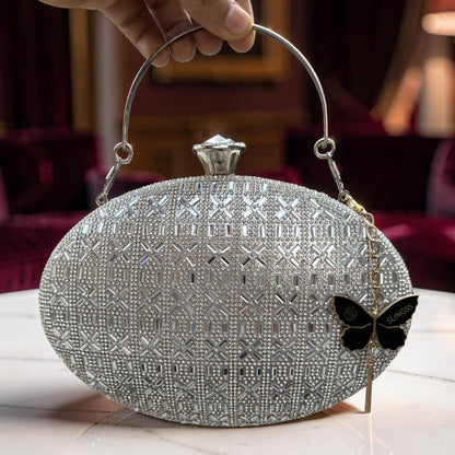 Slingss Exclusive Premium Oval Shape Partywear Embroidered Clutch For Ladies With Silver Handle & Chain
