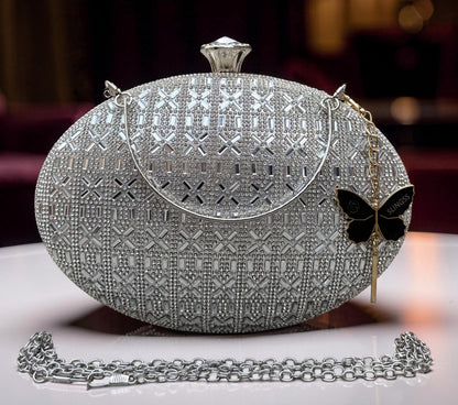 Slingss Exclusive Premium Oval Shape Partywear Embroidered Clutch For Ladies With Silver Handle & Chain