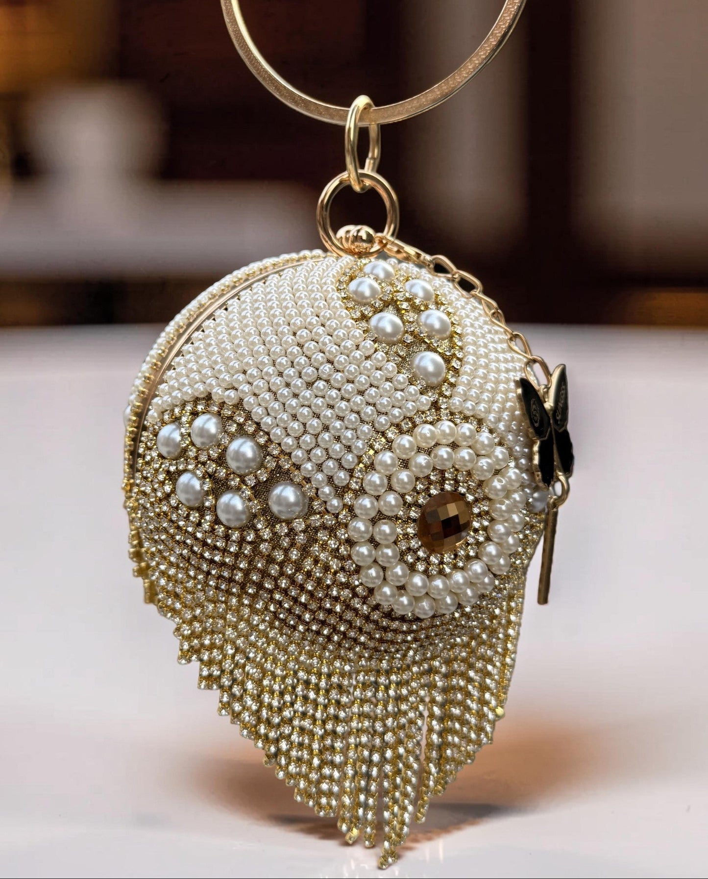Slingss Exclusive Premium Ball Shaped Partywear Embroidered Clutch For Ladies With Handle & Long Chain