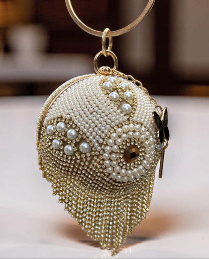 Slingss Exclusive Premium Ball Shaped Partywear Embroidered Clutch For Ladies With Handle & Long Chain