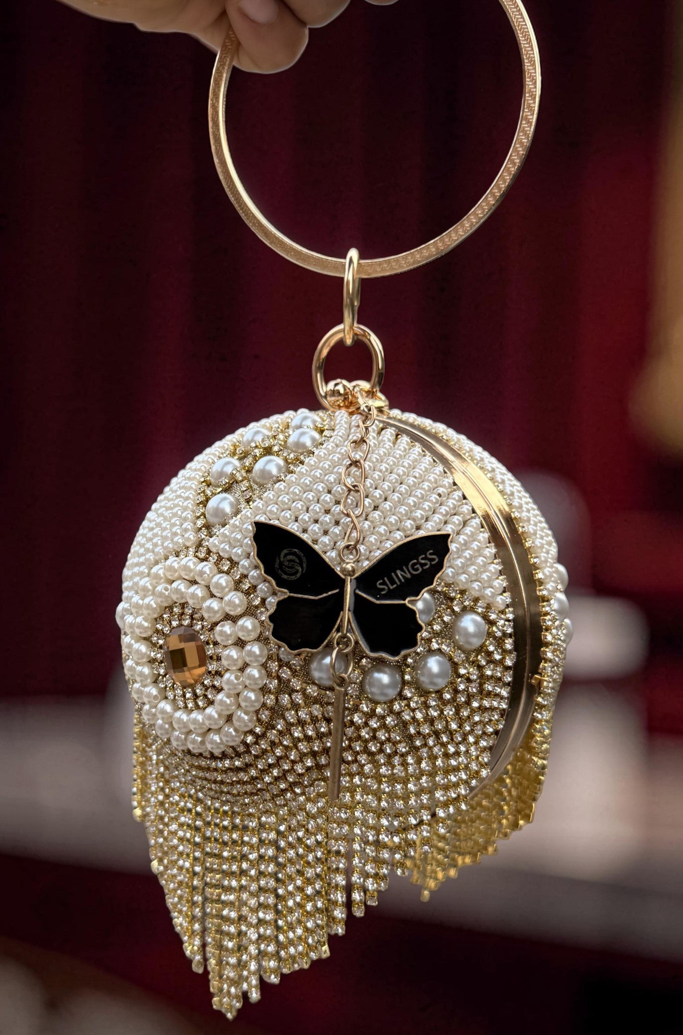 Slingss Exclusive Premium Ball Shaped Partywear Embroidered Clutch For Ladies With Handle & Long Chain