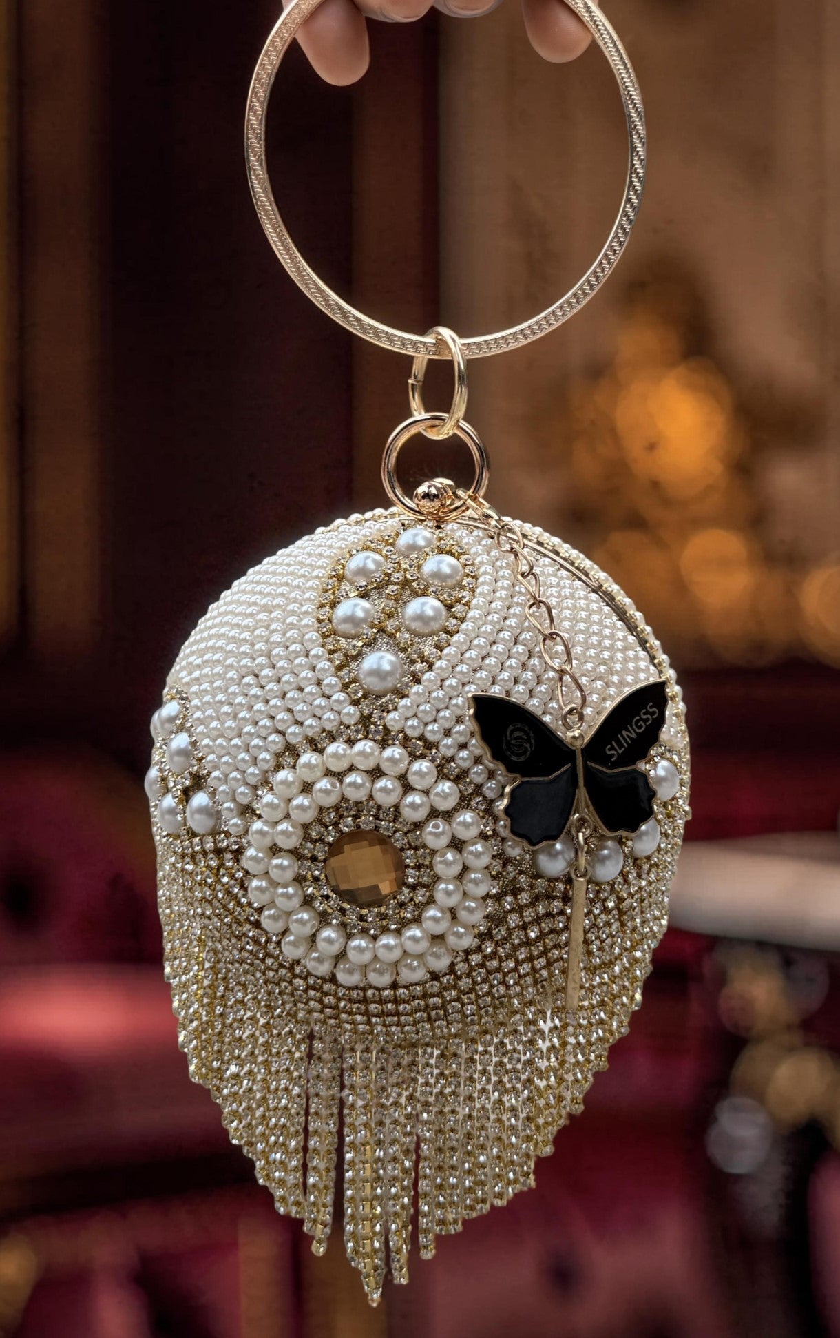 Slingss Exclusive Premium Ball Shaped Partywear Embroidered Clutch For Ladies With Handle & Long Chain