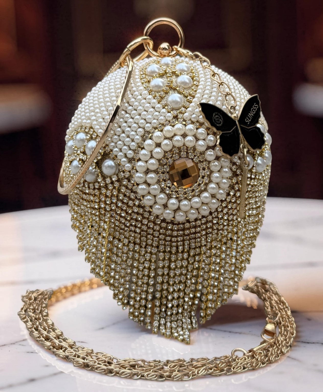 Slingss Exclusive Premium Ball Shaped Partywear Embroidered Clutch For Ladies With Handle & Long Chain