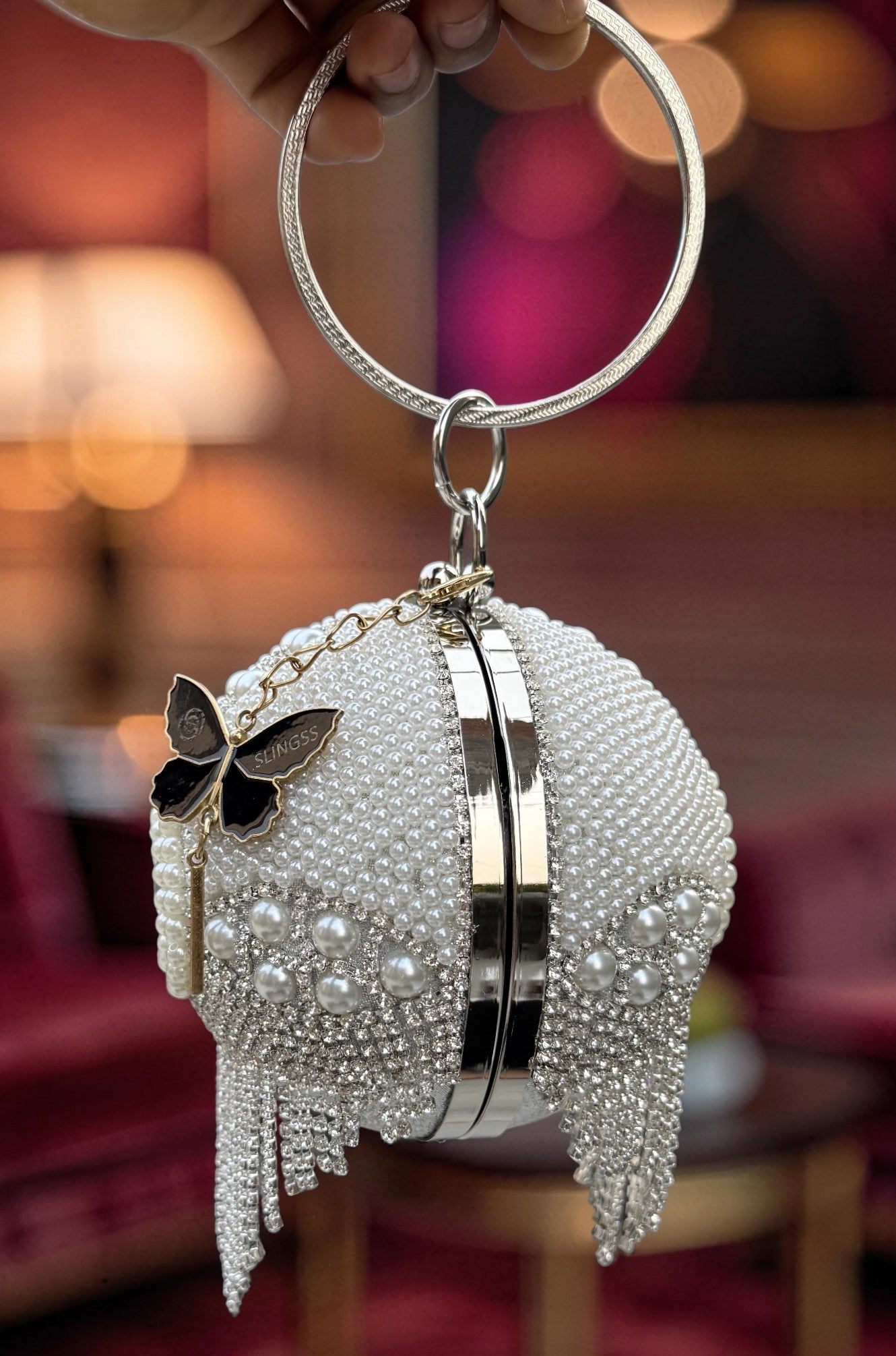 Slingss Exclusive Premium Ball Shaped Partywear Embroidered Clutch For Ladies With Handle & Long Chain