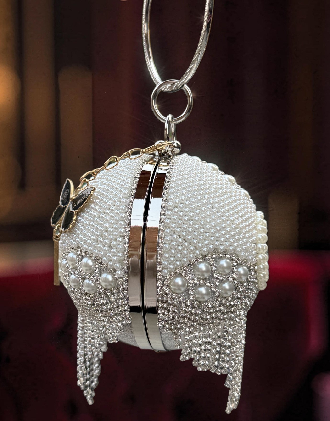 Slingss Exclusive Premium Ball Shaped Partywear Embroidered Clutch For Ladies With Handle & Long Chain