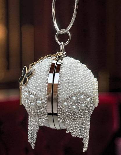 Slingss Exclusive Premium Ball Shaped Partywear Embroidered Clutch For Ladies With Handle & Long Chain