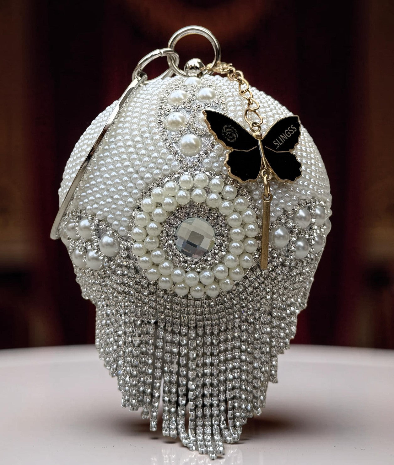 Slingss Exclusive Premium Ball Shaped Partywear Embroidered Clutch For Ladies With Handle & Long Chain