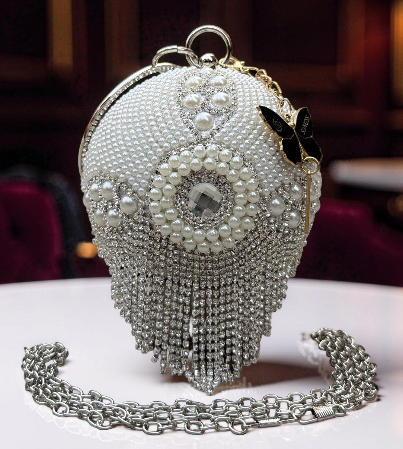 Slingss Exclusive Premium Ball Shaped Partywear Embroidered Clutch For Ladies With Handle & Long Chain
