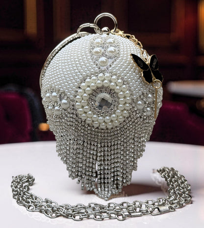 Slingss Exclusive Premium Ball Shaped Partywear Embroidered Clutch For Ladies With Handle & Long Chain