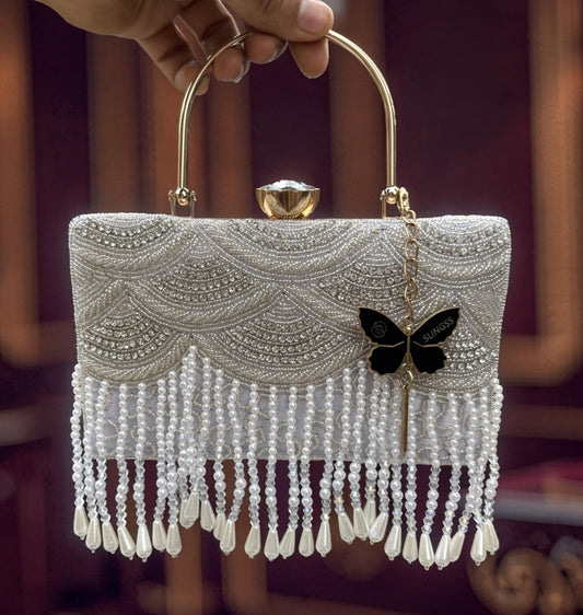 Slingss Luxury Range Hanging Beads Embroidered Partywear Handbag For Ladies With Handle & Long Chain