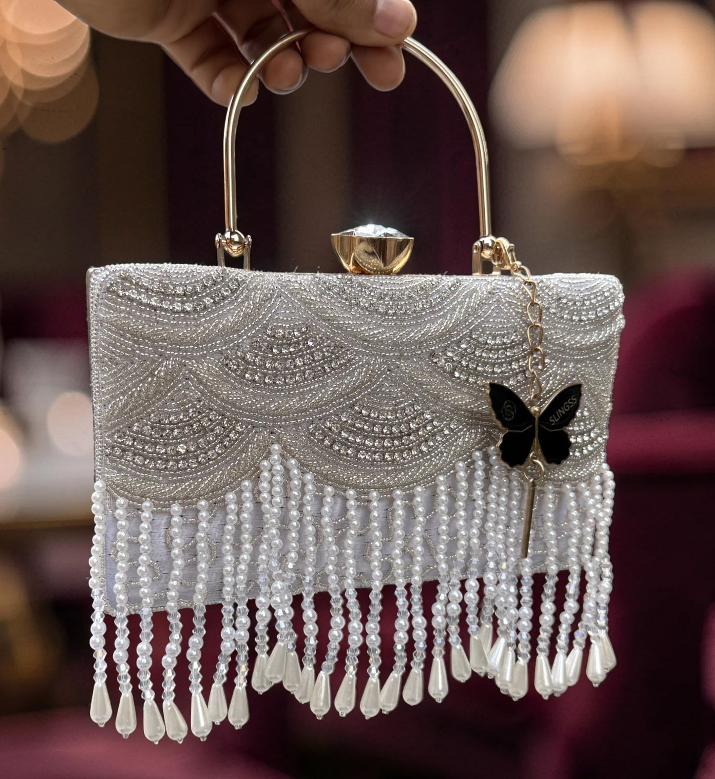 Slingss Luxury Range Hanging Beads Embroidered Partywear Handbag For Ladies With Handle & Long Chain