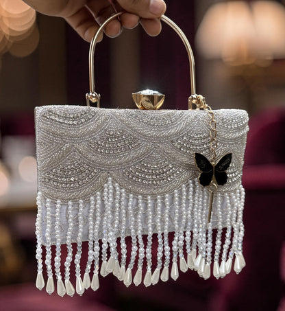Slingss Luxury Range Hanging Beads Embroidered Partywear Handbag For Ladies With Handle & Long Chain