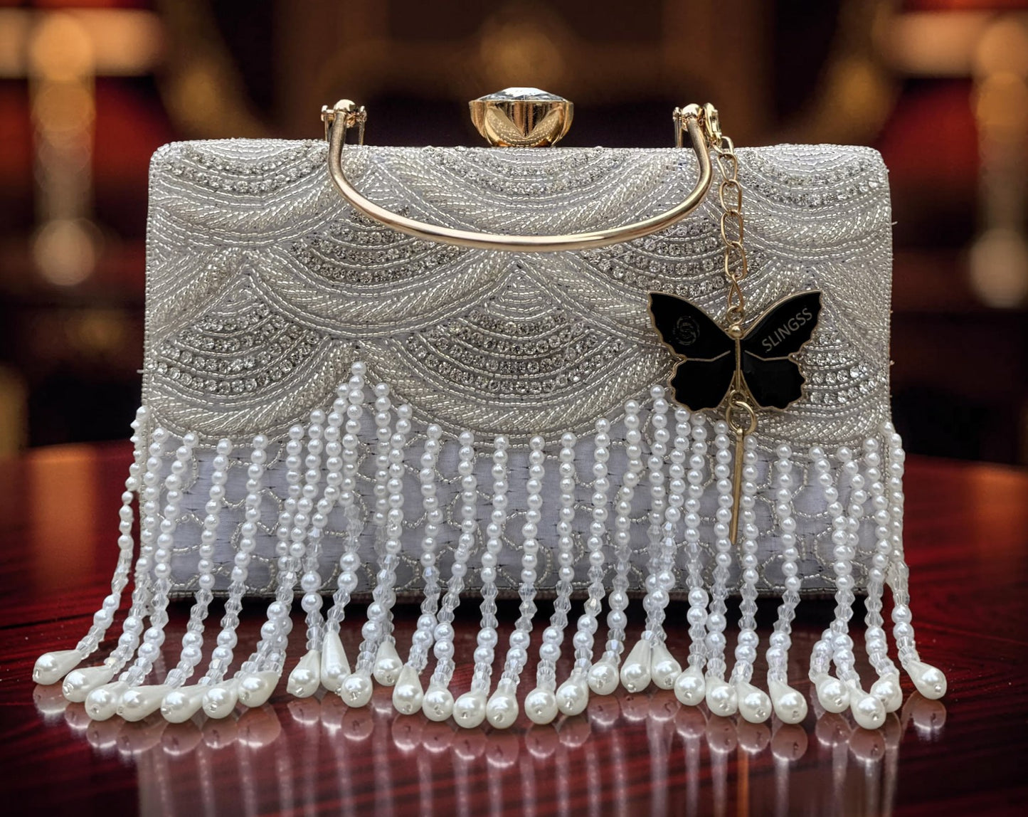Slingss Luxury Range Hanging Beads Embroidered Partywear Handbag For Ladies With Handle & Long Chain