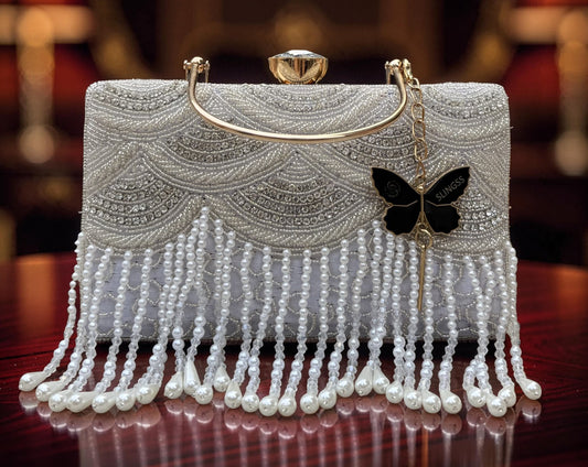 Slingss Luxury Range Hanging Beads Embroidered Partywear Handbag For Ladies With Handle & Long Chain