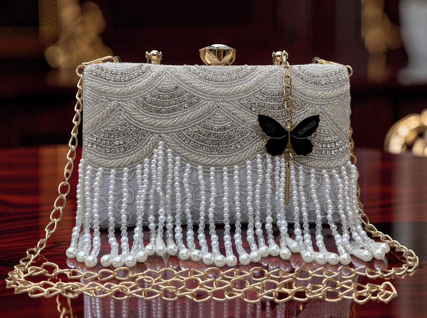 Slingss Luxury Range Hanging Beads Embroidered Partywear Handbag For Ladies With Handle & Long Chain