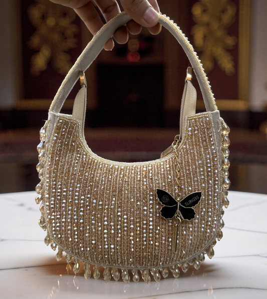Slingss Luxury Range Half Moon Crystal Jhallar Embroidered Partywear Purse For Ladies With Handle