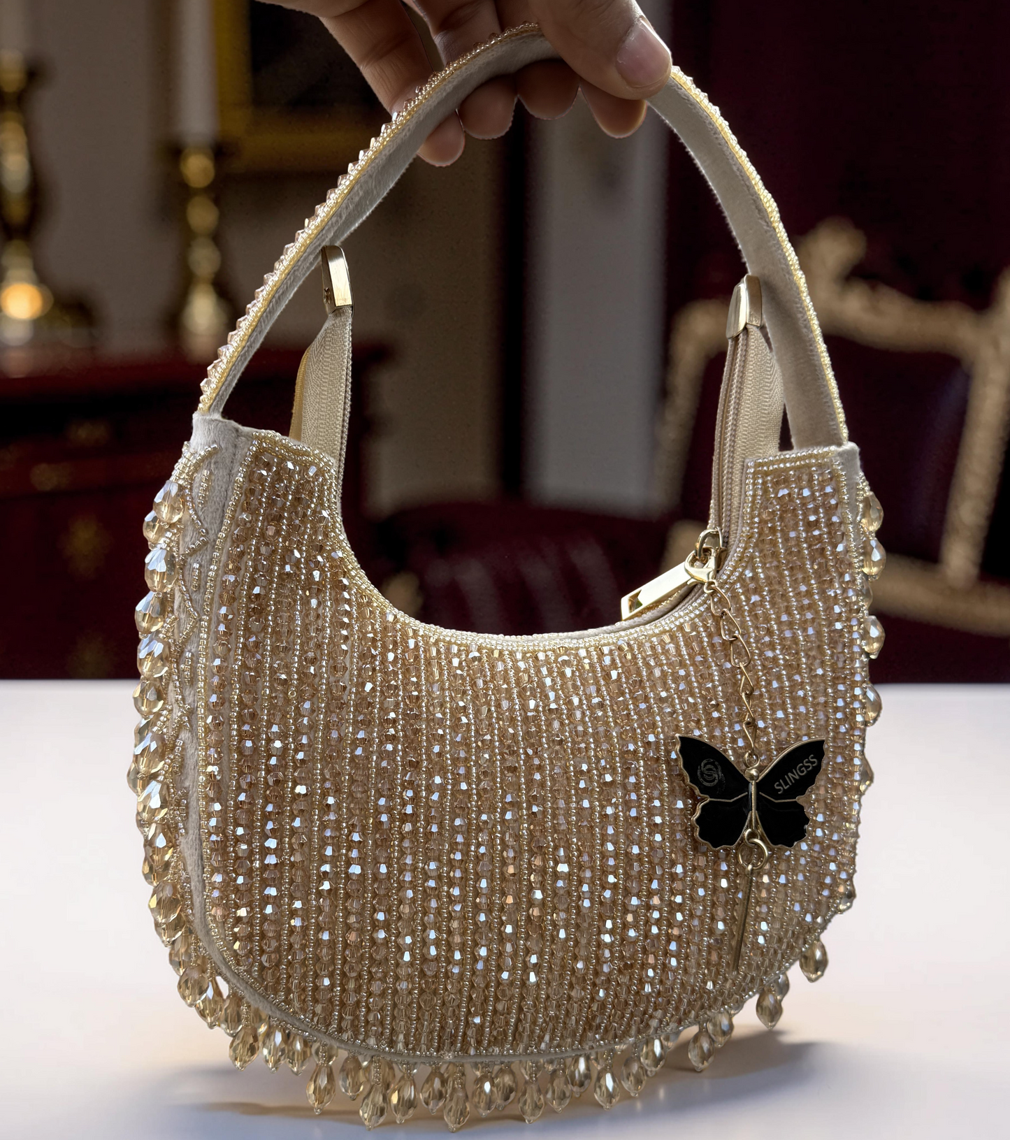 Slingss Luxury Range Half Moon Crystal Jhallar Embroidered Partywear Purse For Ladies With Handle
