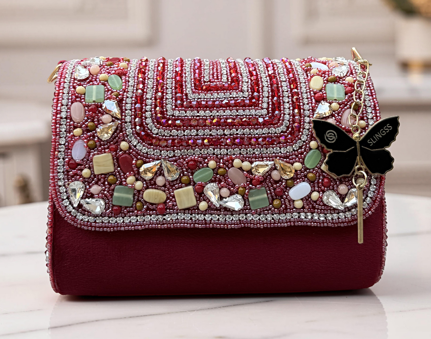 Slingss Luxury Range Exclusive Stones Embroidered Partywear Handbag For Ladies