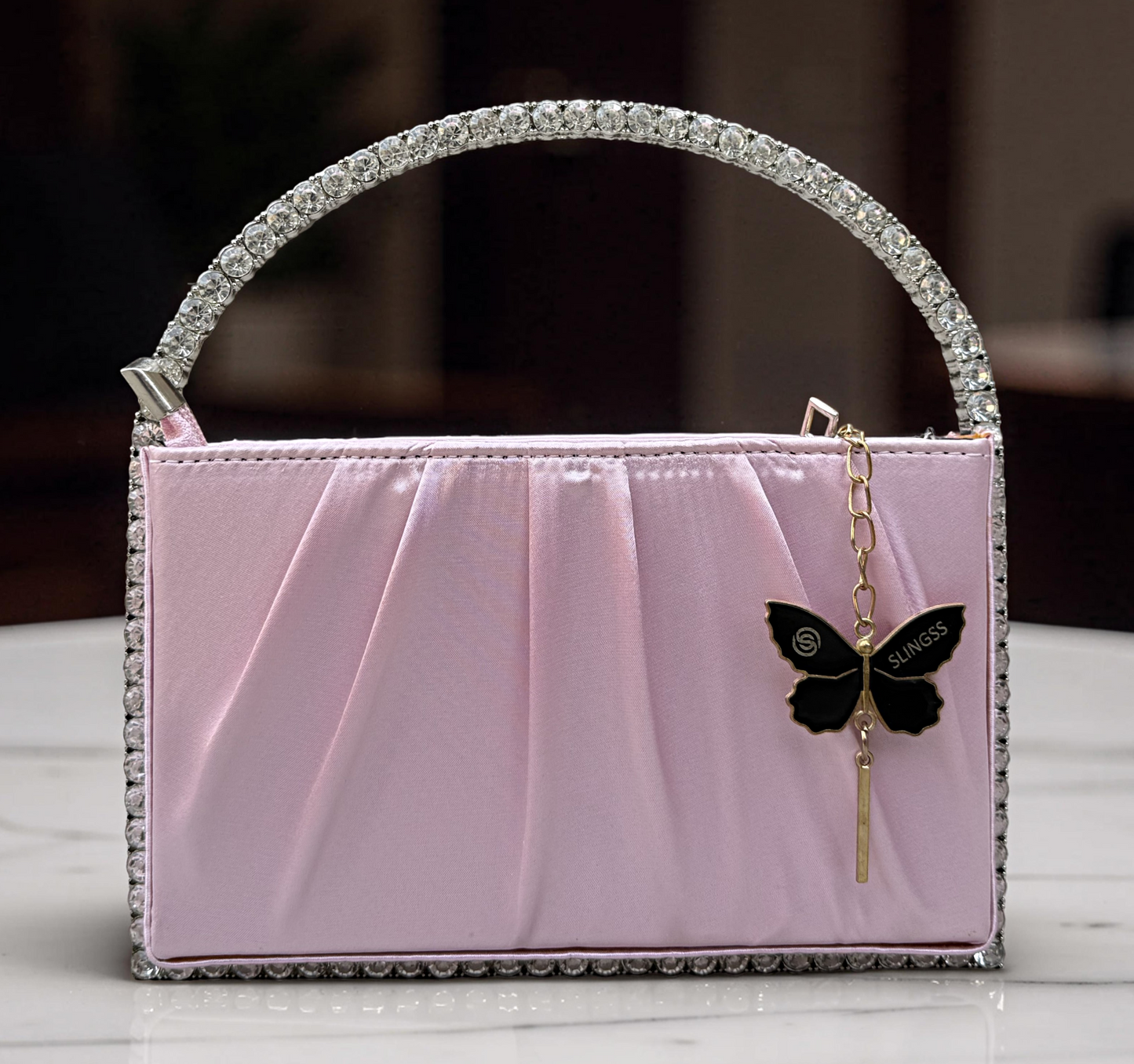 Slingss Exclusive Premium Boxy Shape Partywear Metal Handle Diamond Embroidered Handbag For Ladies