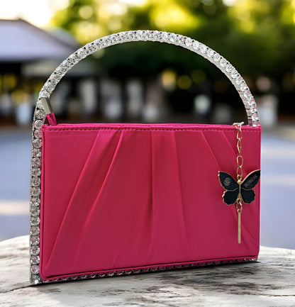 Slingss Exclusive Premium Boxy Shape Partywear Metal Handle Diamond Embroidered Handbag For Ladies