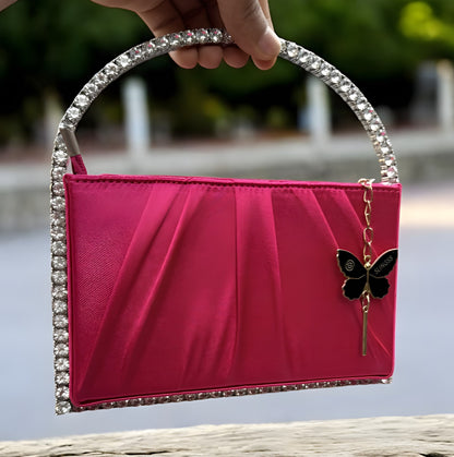 Slingss Exclusive Premium Boxy Shape Partywear Metal Handle Diamond Embroidered Handbag For Ladies