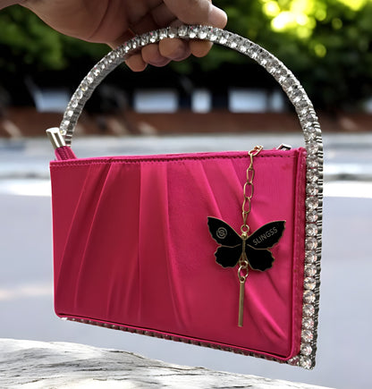 Slingss Exclusive Premium Boxy Shape Partywear Metal Handle Diamond Embroidered Handbag For Ladies