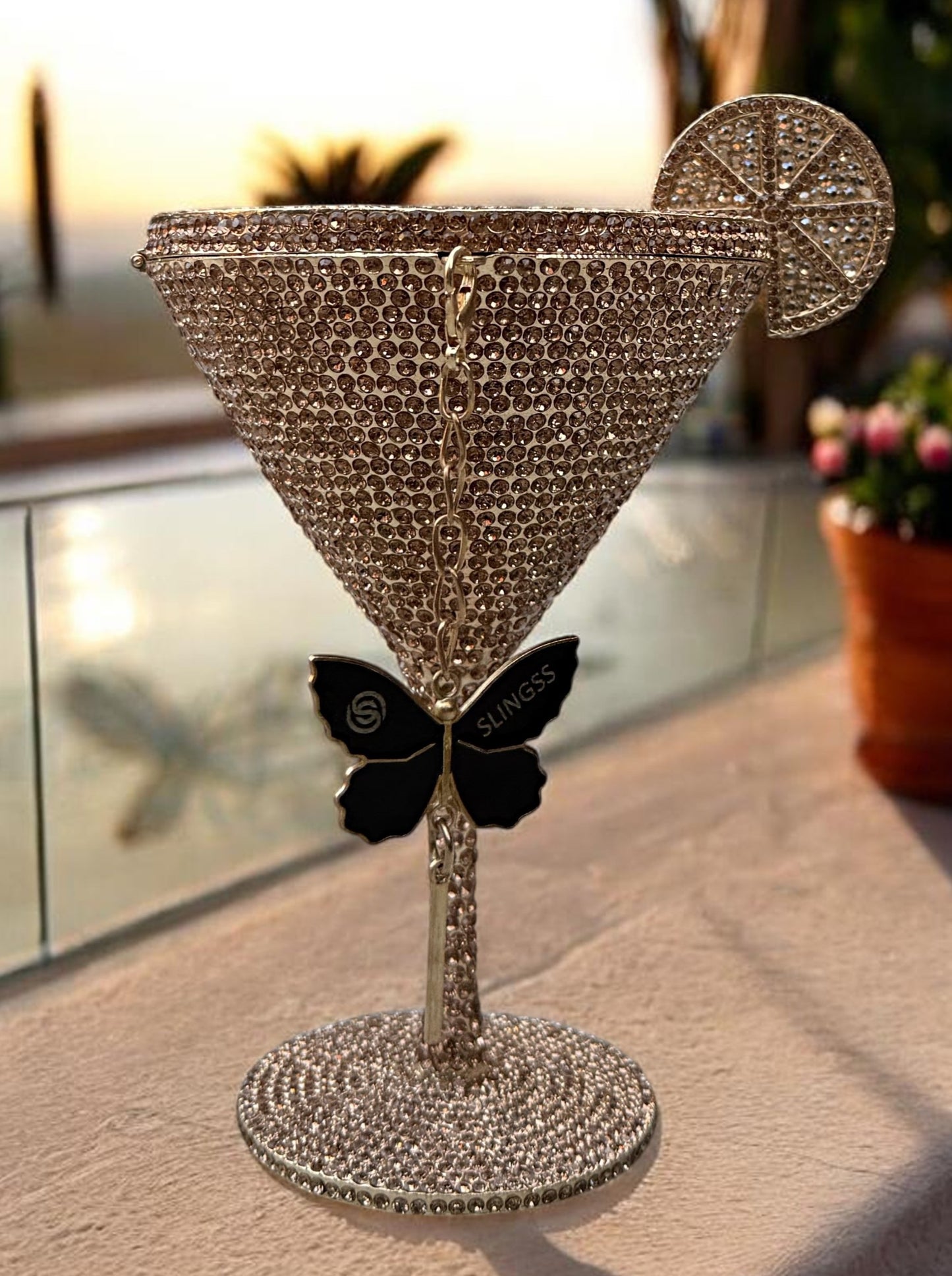 Slingss Super Luxury Wine Shape Exclusive Crystal Partywear Handbag For Ladies With Chain