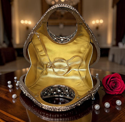 Slingss Super Luxury Basket Shape Exclusive Crystal Partywear Handbag For Ladies With Chain