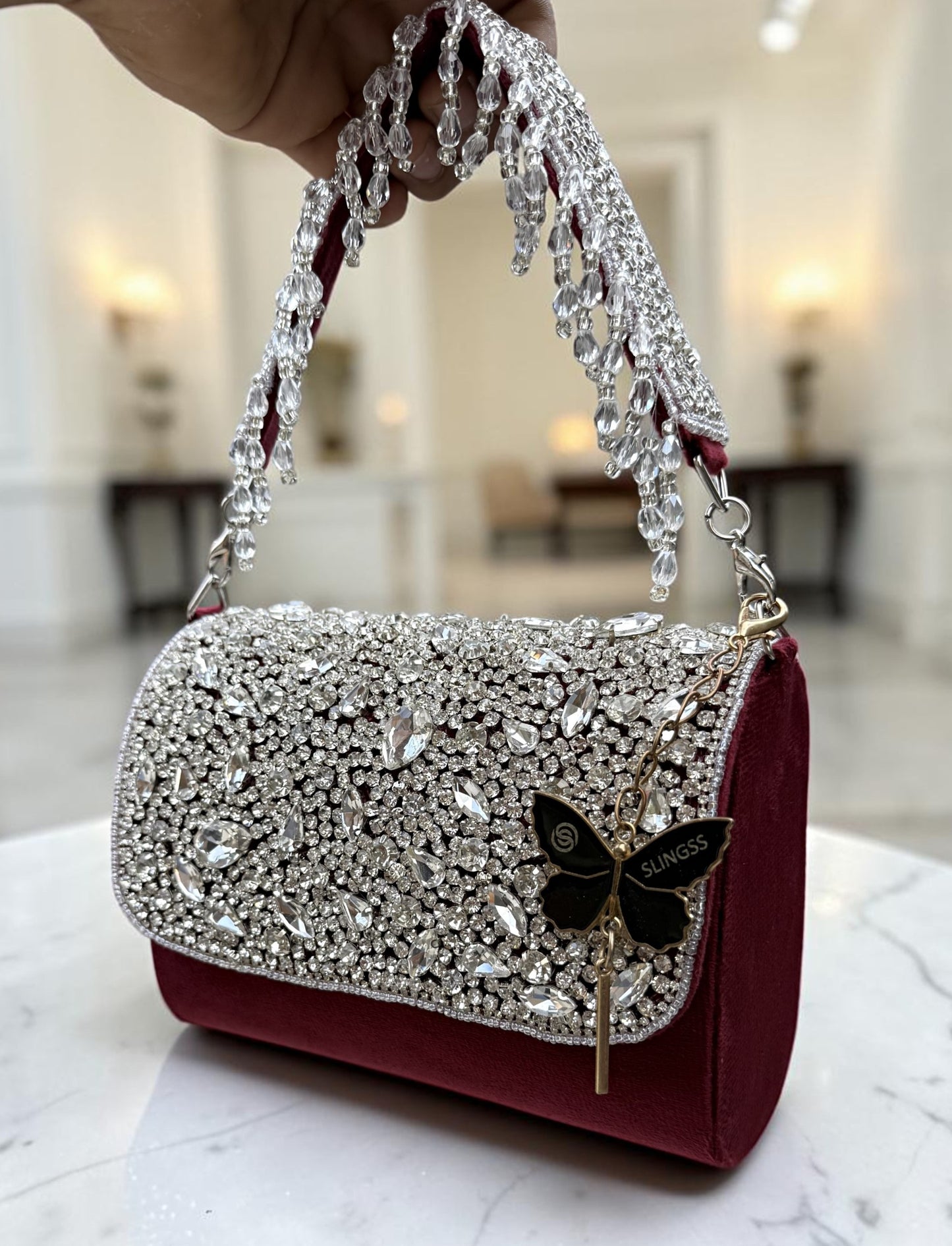 Slingss Luxury Range Diamond Embroidered Partywear Handbag For Ladies With Handle