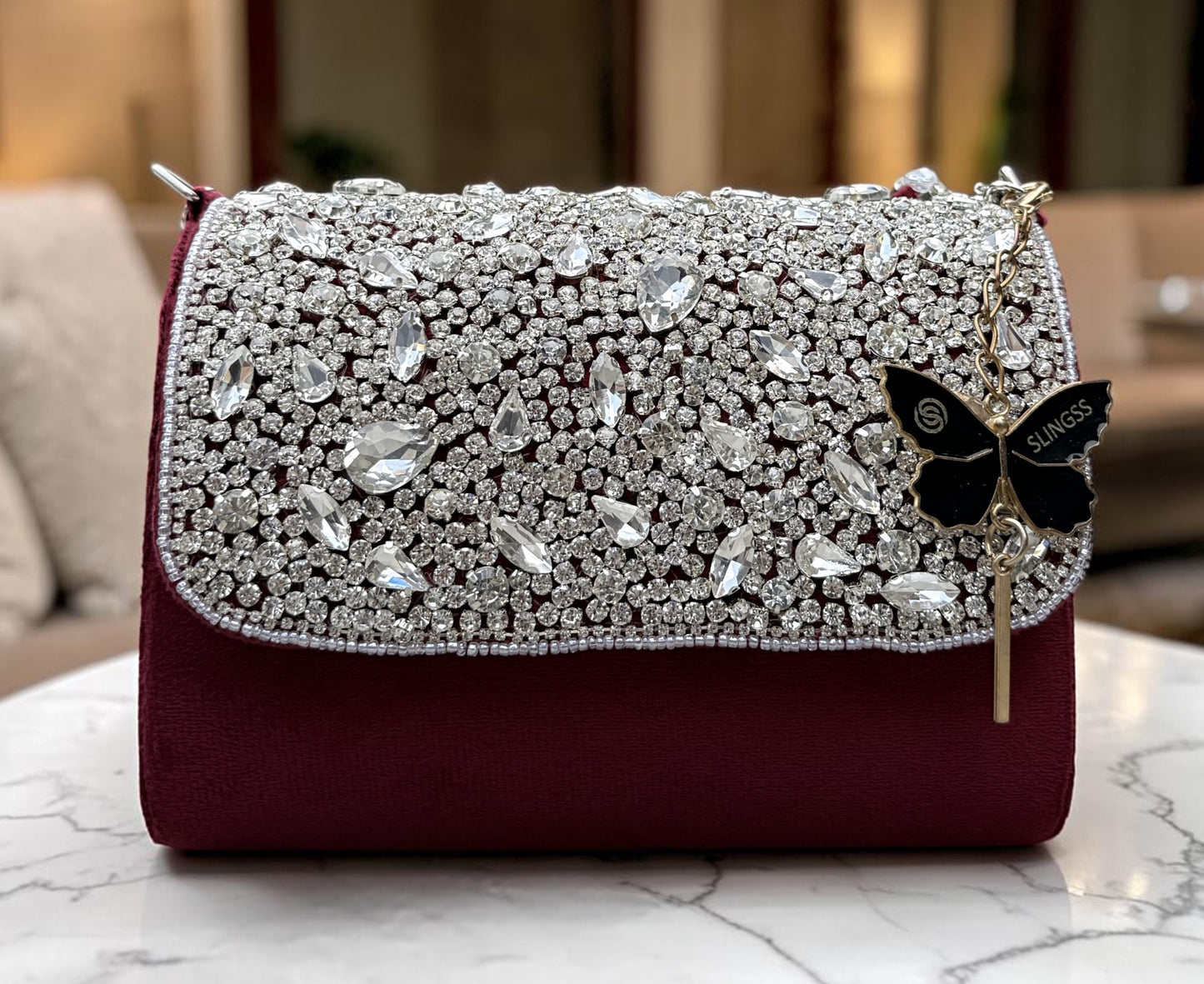 Slingss Luxury Range Diamond Embroidered Partywear Handbag For Ladies With Handle