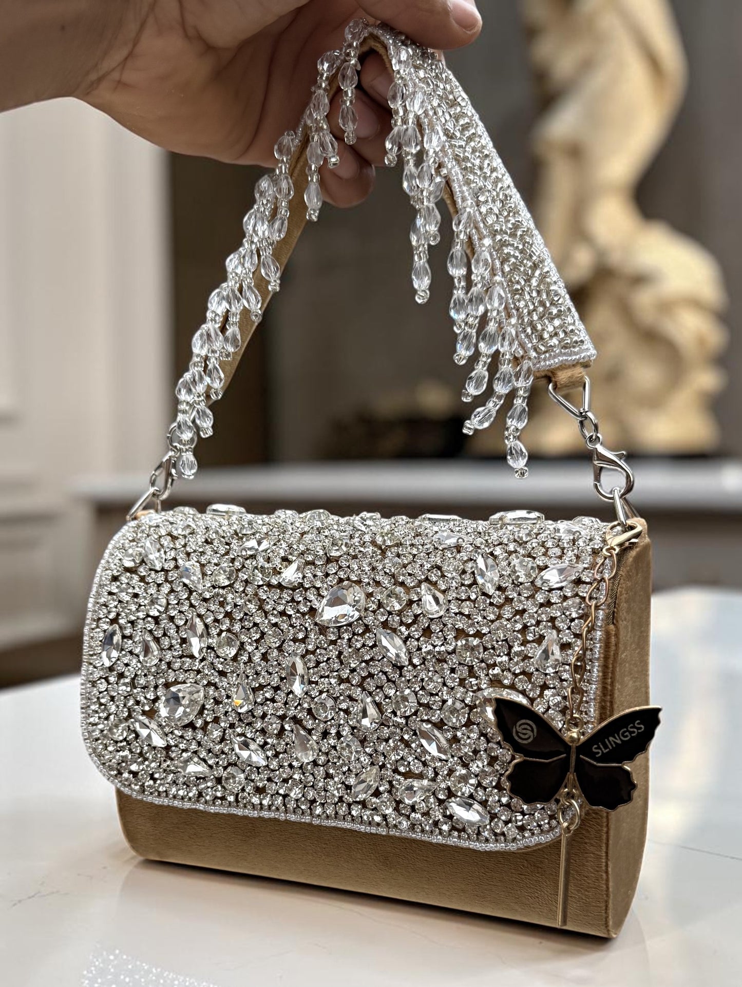 Slingss Luxury Range Diamond Embroidered Partywear Handbag For Ladies With Handle