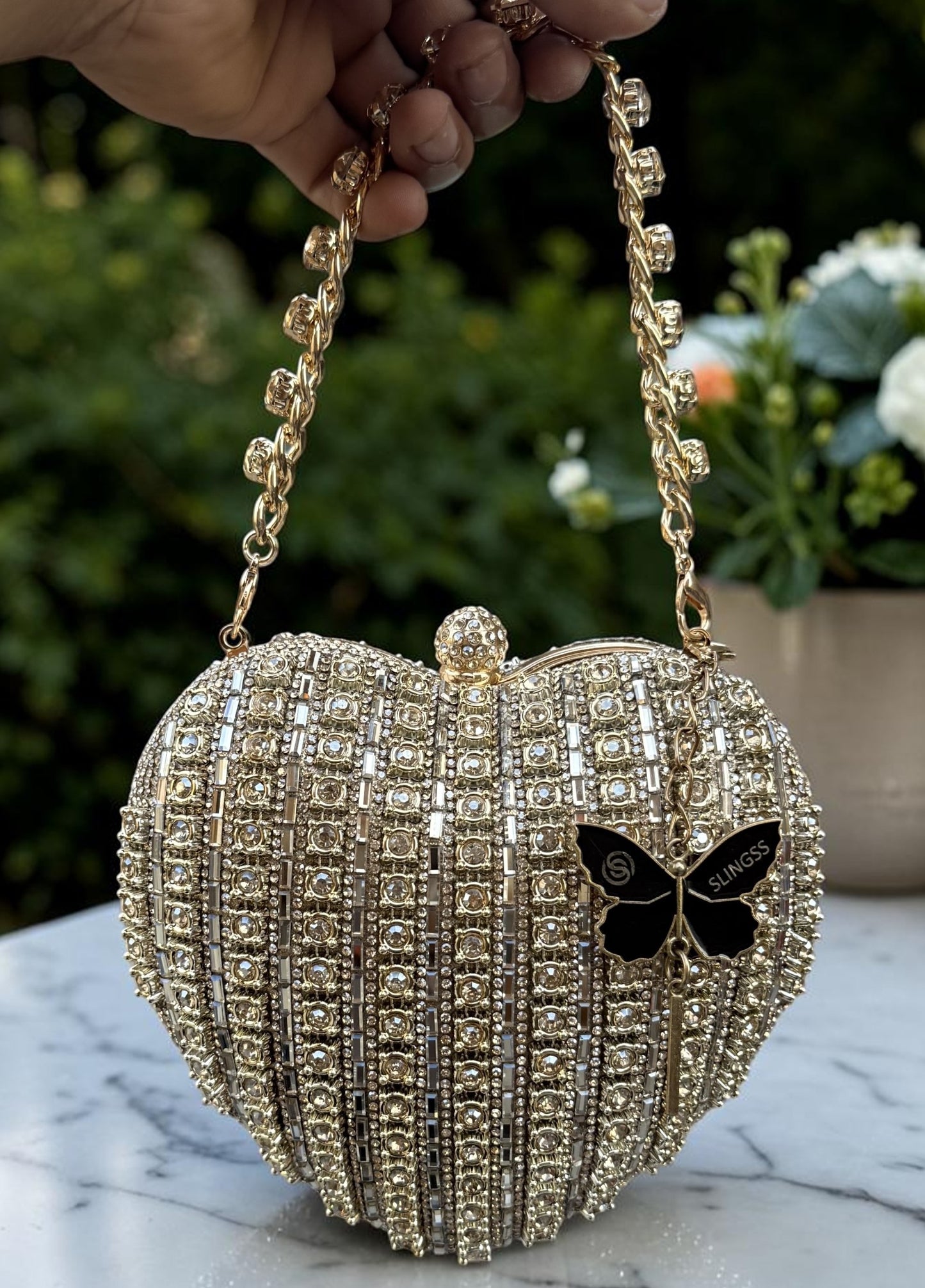 Slingss Exclusive Premium Heart Shape Partywear Diamond Embroidered Clutch For Ladies With Handle & Long Chain