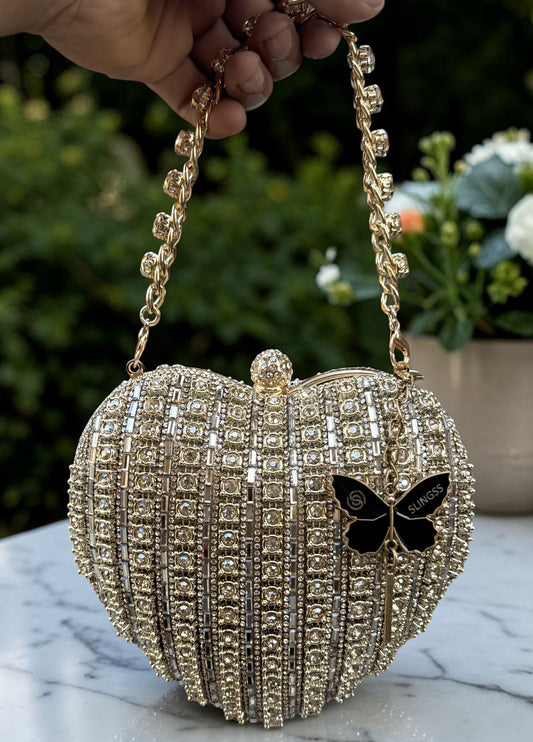 Slingss Exclusive Premium Heart Shape Partywear Diamond Embroidered Clutch For Ladies With Handle & Long Chain