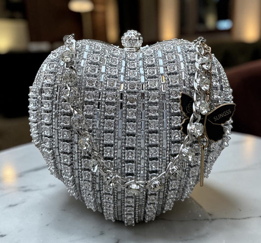 Slingss Exclusive Premium Heart Shape Partywear Diamond Embroidered Clutch For Ladies With Handle & Long Chain