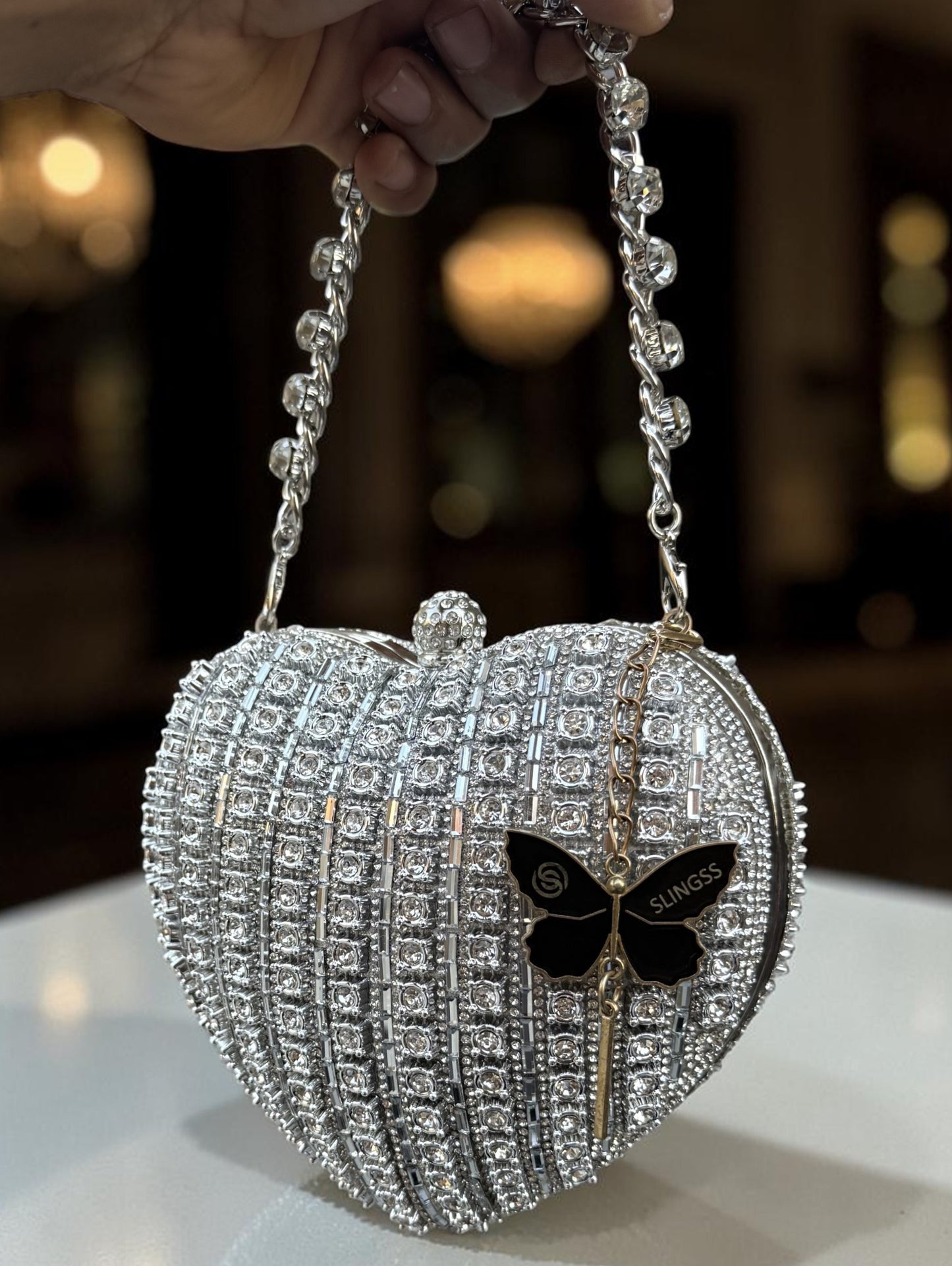 Slingss Exclusive Premium Heart Shape Partywear Diamond Embroidered Clutch For Ladies With Handle & Long Chain