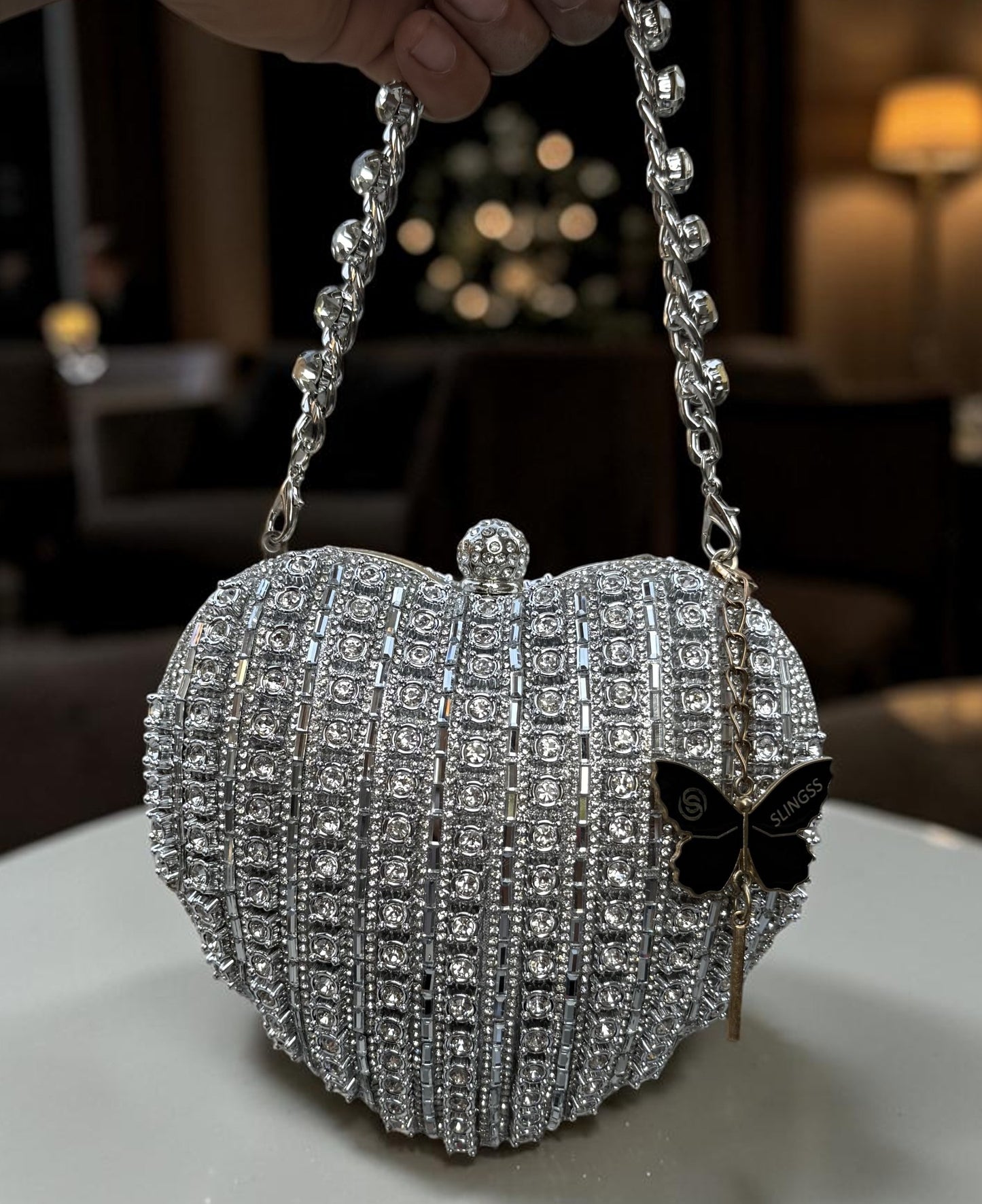 Slingss Exclusive Premium Heart Shape Partywear Diamond Embroidered Clutch For Ladies With Handle & Long Chain