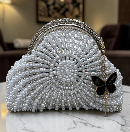 Slingss Luxury Range Snail Shape Pearl Partywear Handbag For Ladies With Long Chain