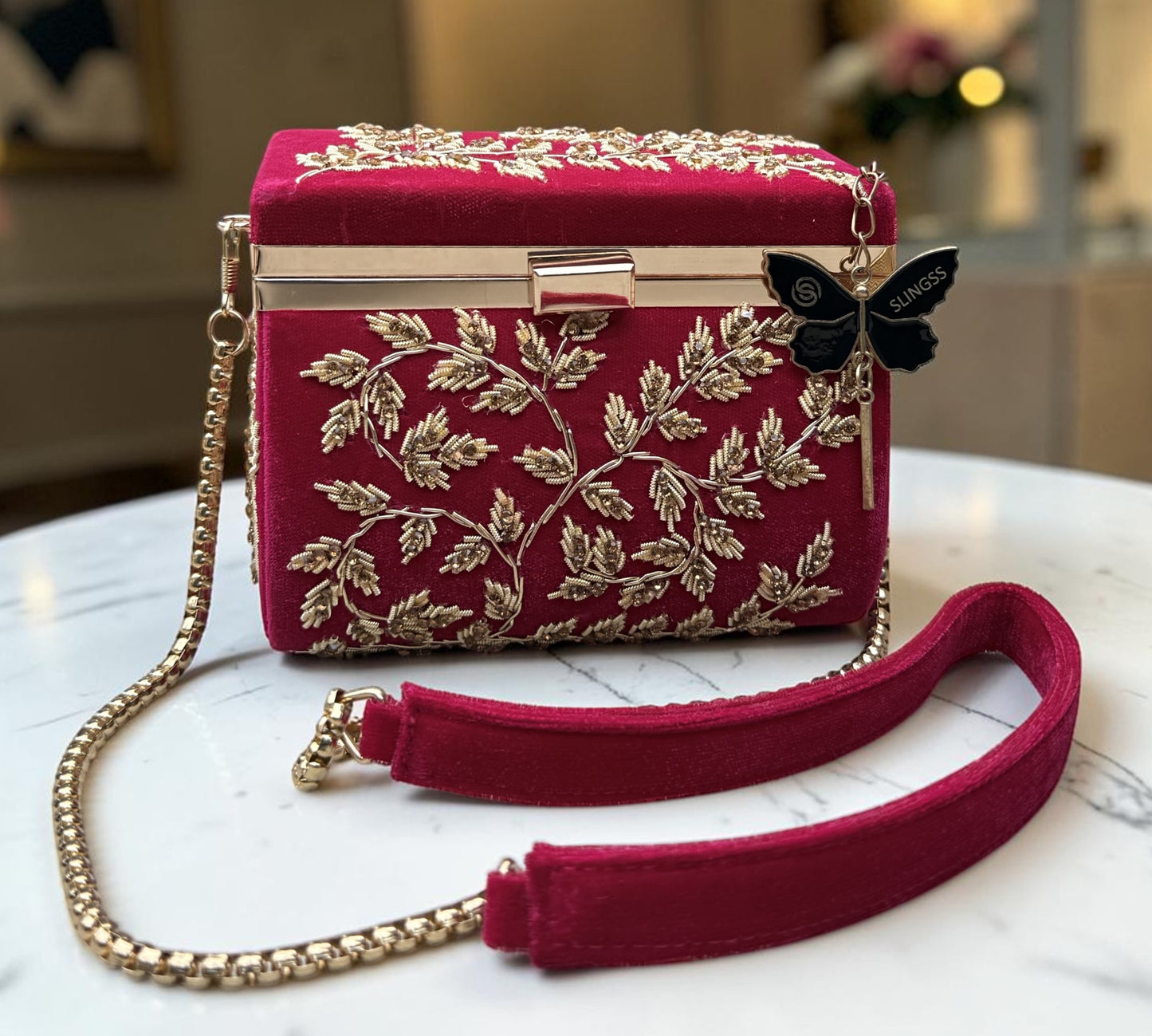 Slingss Luxury Range Boxy Embroidered Partywear Handbag For Ladies With Chain Handle And Belt