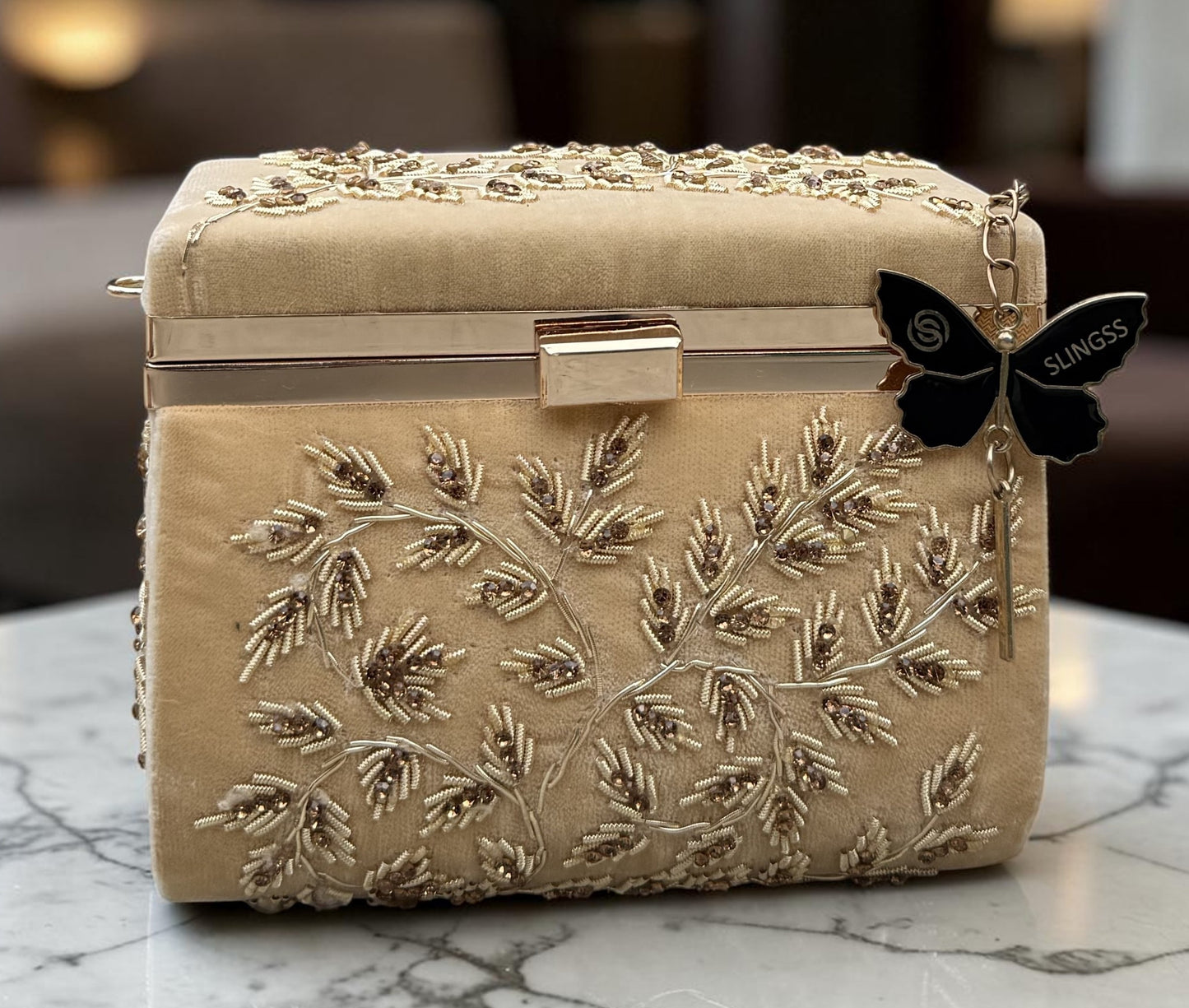 Slingss Luxury Range Boxy Embroidered Partywear Handbag For Ladies With Chain Handle And Belt