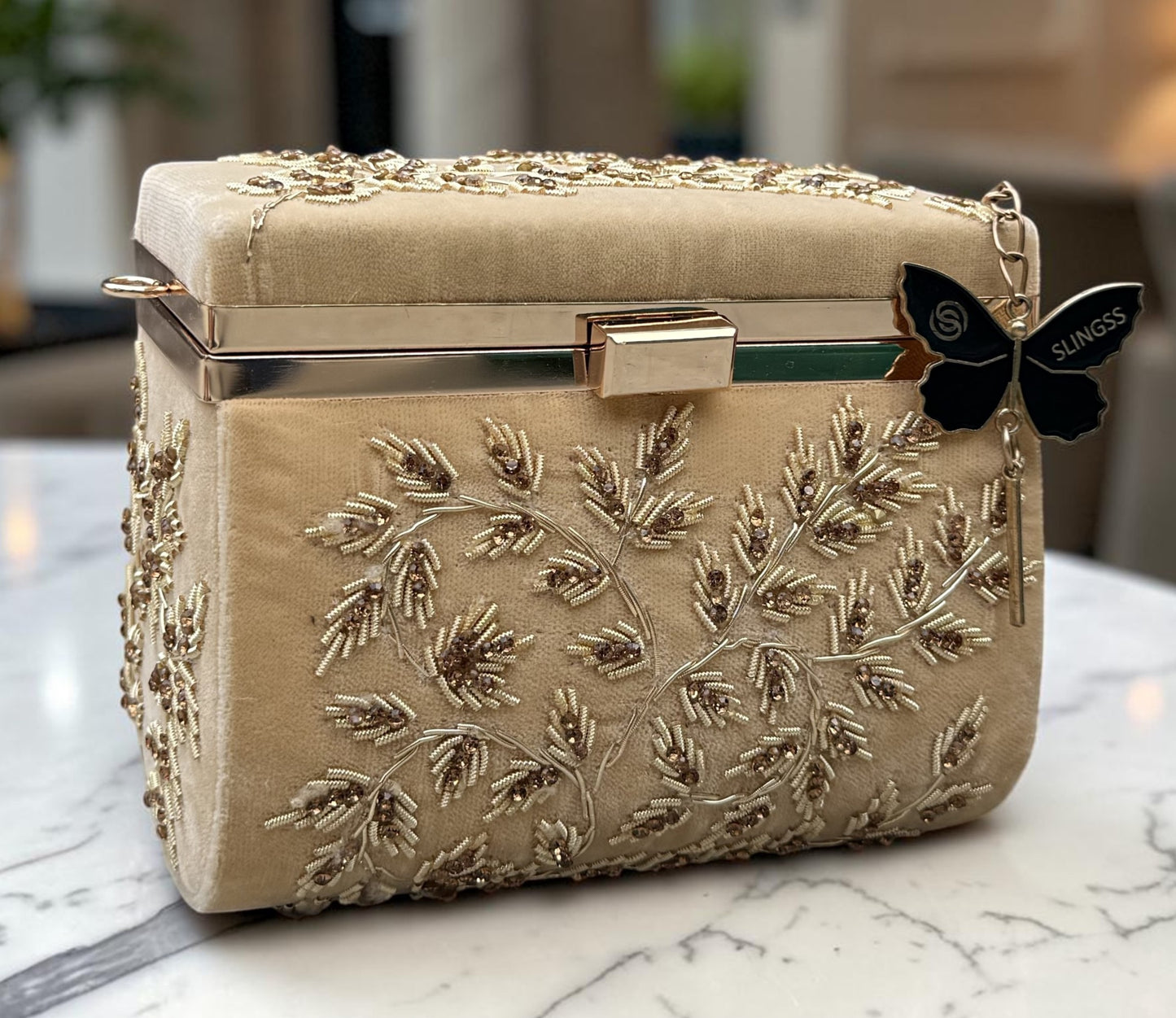 Slingss Luxury Range Boxy Embroidered Partywear Handbag For Ladies With Chain Handle And Belt