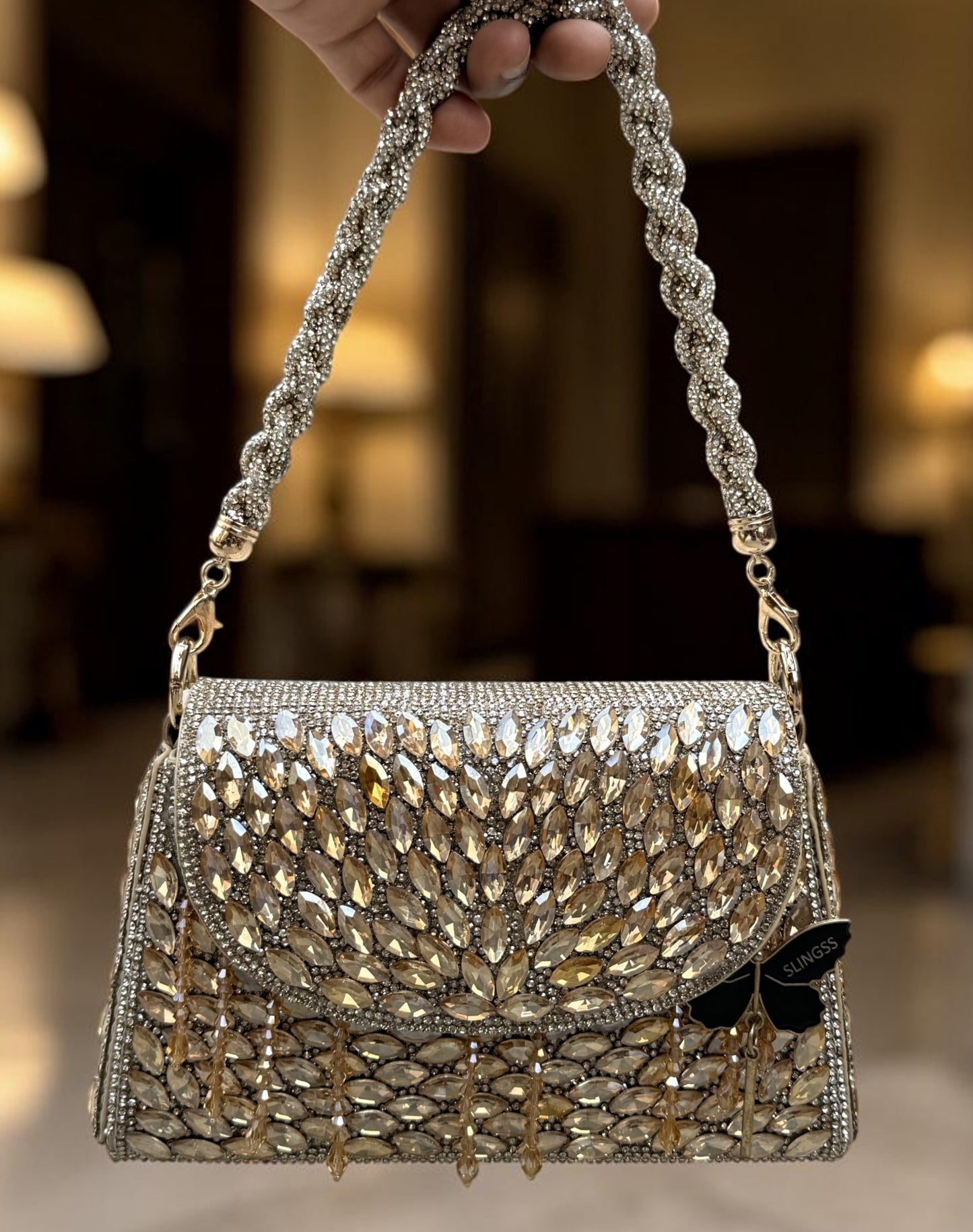 Slingss Luxury Range Exclusive Diamond Embroidered Partywear Handbag For Ladies With Handle & Long Chain