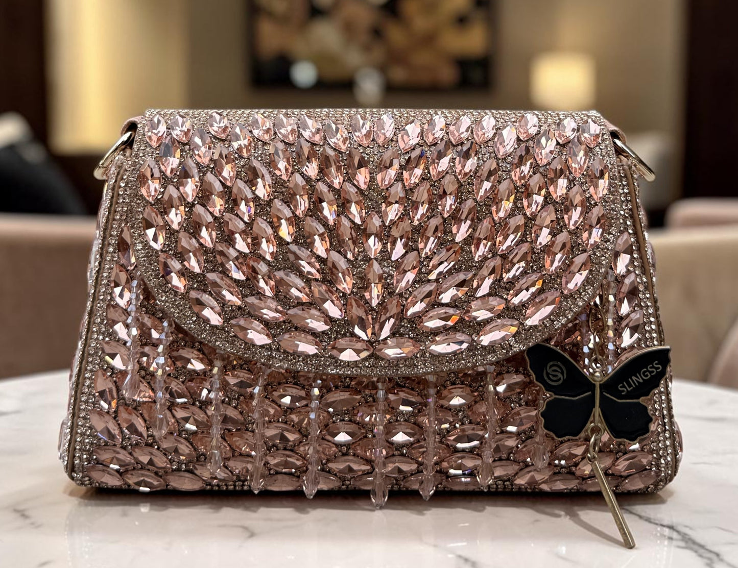 Slingss Luxury Range Exclusive Diamond Embroidered Partywear Handbag For Ladies With Handle & Long Chain