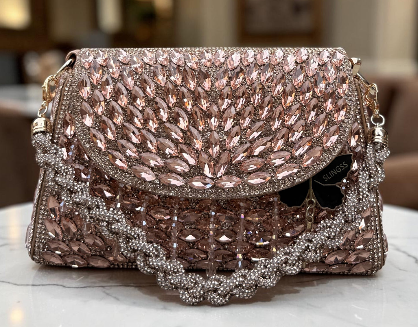Slingss Luxury Range Exclusive Diamond Embroidered Partywear Handbag For Ladies With Handle & Long Chain