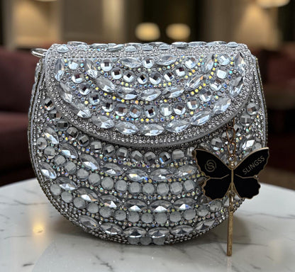 Slingss Luxury Range Small Size Diamond Embroidered Partywear Handbag For Ladies With Handle & Long Chain
